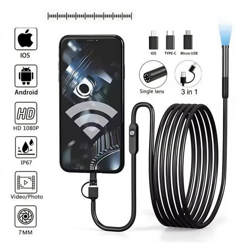 7 mm Sewer Industrial Endoscope Piping Endoscopy Type C Flexible Snake Mini Camera 3 In 1 Automotive Borescope For Smart Phone - Image 3