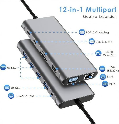 12-in-1 USB Type-C Hub 3.0 Dock Spliter Multiport Adapter 4K HDMI RJ45 SD/TF VGA HDMI PD for Mobile,Laptop MacBook,iPad - Image 4