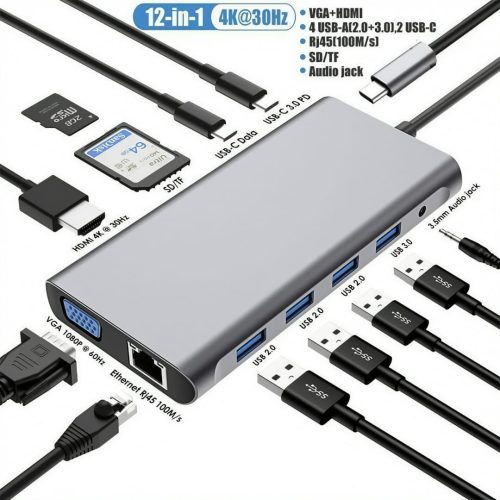 12-in-1 USB Type-C Hub 3.0 Dock Spliter Multiport Adapter 4K HDMI RJ45 SD/TF VGA HDMI PD for Mobile,Laptop MacBook,iPad - Image 2