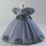 Elegant Gray Velvet Sequin Embroidered Kids Girls Luxury Soft Net Princess Birthday & Party Gown Wedding Dress