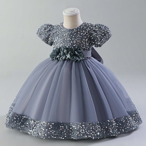 Elegant Gray Velvet Sequin Embroidered Kids Girls Luxury Soft Net Princess Birthday & Party Gown Wedding Dress