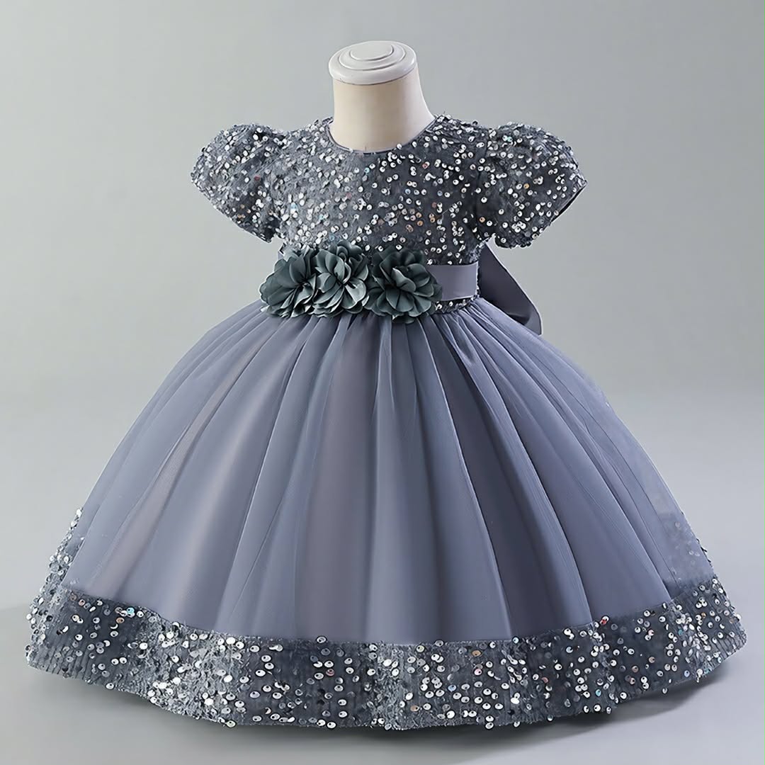 Messenger_creation_1492EF44-629F-4EB7-AEB9-14C0526DAF23 Elegant Gray Velvet Sequin Embroidered Kids Girls Luxury Soft Net Princess Birthday & Party Gown Wedding Dress - Image 1