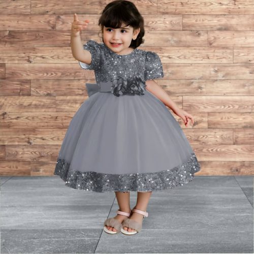 Elegant Gray Velvet Sequin Embroidered Kids Girls Luxury Soft Net Princess Birthday & Party Gown Wedding Dress - Image 3