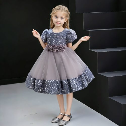 Elegant Gray Velvet Sequin Embroidered Kids Girls Luxury Soft Net Princess Birthday & Party Gown Wedding Dress - Image 8