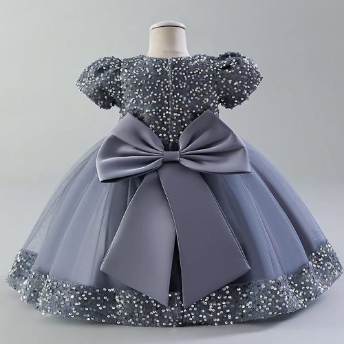 Elegant Gray Velvet Sequin Embroidered Kids Girls Luxury Soft Net Princess Birthday & Party Gown Wedding Dress - Image 2