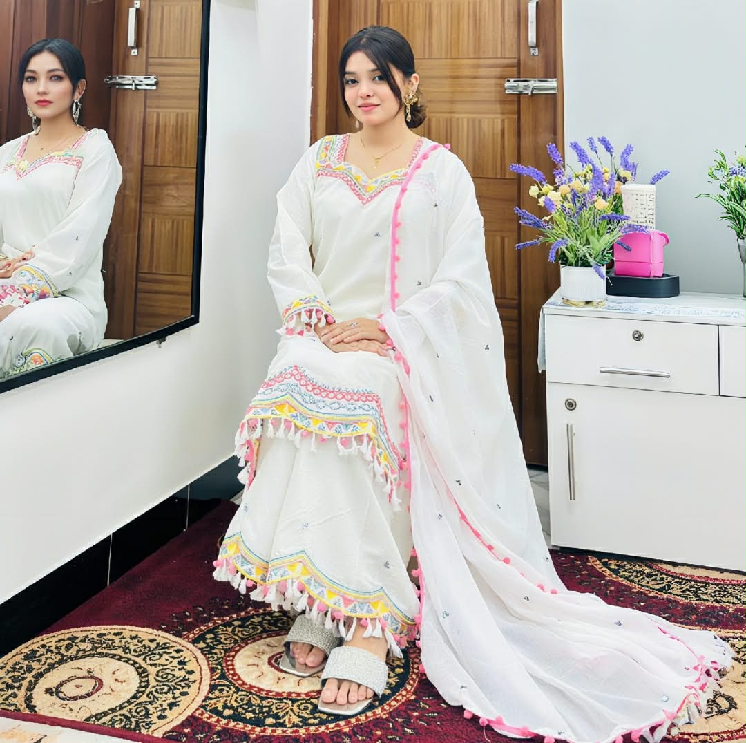 Messenger_creation_6AD6B0EC-CE63-4FBD-BFB5-E3402DA16F93 Garara Dress Collection Kamiz Cotton Sequence Embroidery Work - Image 1