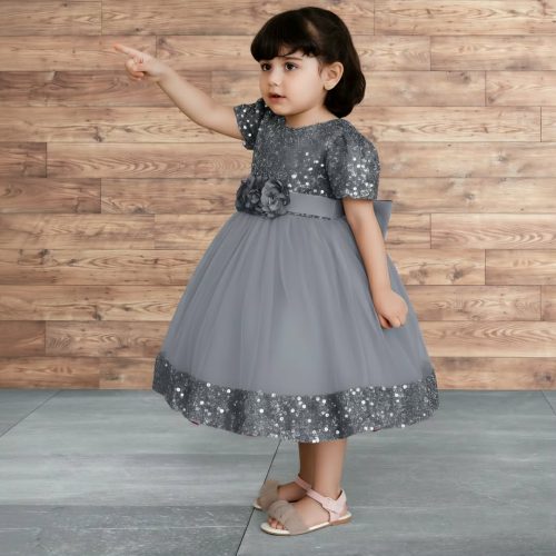 Elegant Gray Velvet Sequin Embroidered Kids Girls Luxury Soft Net Princess Birthday & Party Gown Wedding Dress - Image 5