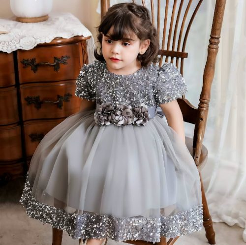 Elegant Gray Velvet Sequin Embroidered Kids Girls Luxury Soft Net Princess Birthday & Party Gown Wedding Dress - Image 7