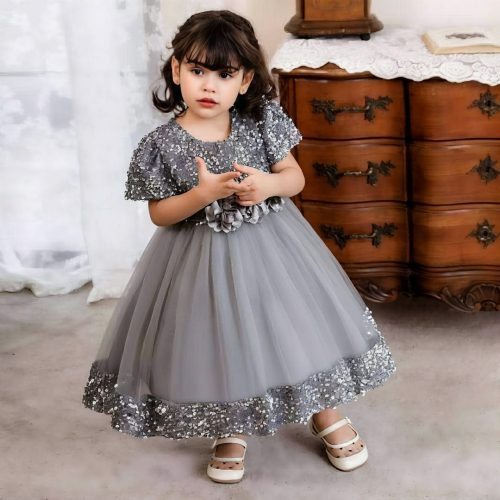 Elegant Gray Velvet Sequin Embroidered Kids Girls Luxury Soft Net Princess Birthday & Party Gown Wedding Dress - Image 6
