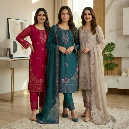 Premium Three-Piece Collection Star Georgette — Embroidery & Sequin Work