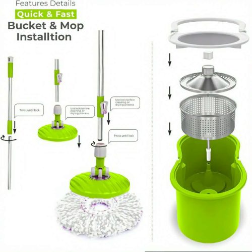 360° ROTATING EASY WRING SPIN SPINNING MOP FLOOR BUCKET SET 2 MICROFIBRE HEADS - Image 7