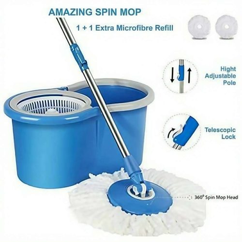 360° ROTATING EASY WRING SPIN SPINNING MOP FLOOR BUCKET SET 2 MICROFIBRE HEADS - Image 4