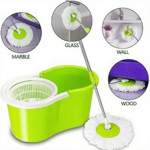 360° ROTATING EASY WRING SPIN SPINNING MOP FLOOR BUCKET SET 2 MICROFIBRE HEADS - Image 2