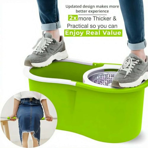 360° ROTATING EASY WRING SPIN SPINNING MOP FLOOR BUCKET SET 2 MICROFIBRE HEADS - Image 6