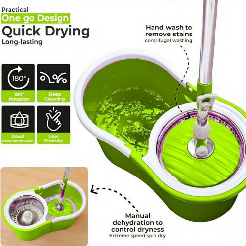 360° ROTATING EASY WRING SPIN SPINNING MOP FLOOR BUCKET SET 2 MICROFIBRE HEADS - Image 3